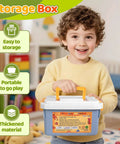 Dough play tools set in blue storage box with orange handle, child holding it.