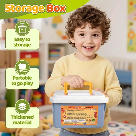 Dough play tools set in blue storage box with orange handle, child holding it.