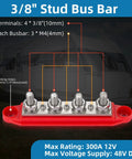 Red And Black Four Stud Power Distribution Block Pair For 12 Volt Rv Marine And Solar Setups showing terminal configuration and mounting holes.