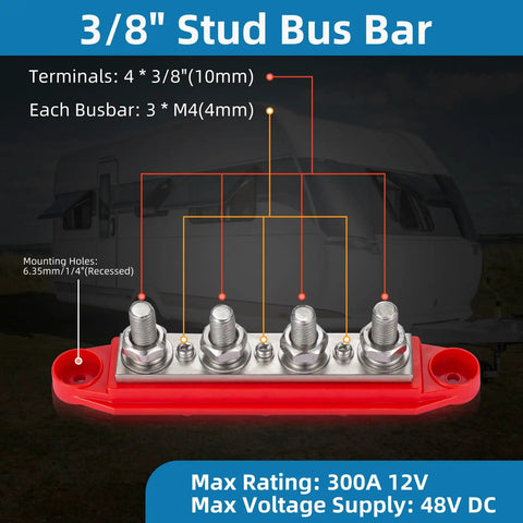 Red And Black Four Stud Power Distribution Block Pair For 12 Volt Rv Marine And Solar Setups showing terminal configuration and mounting holes.