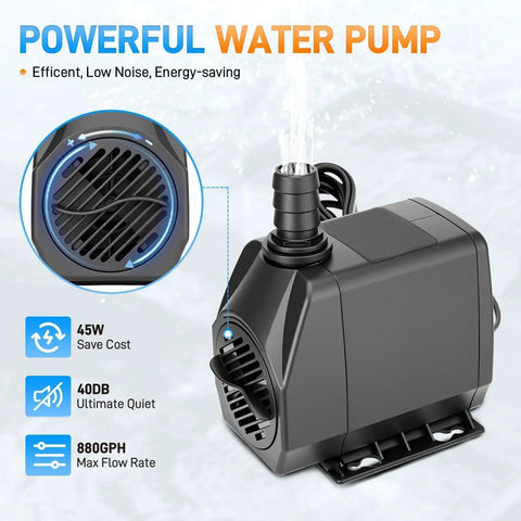 Close-up of a 45W 880 GPH pump from the All In One Pond Waterfall Kit With LED Light And 12 Inch Stainless Spillway, showcasing design details.