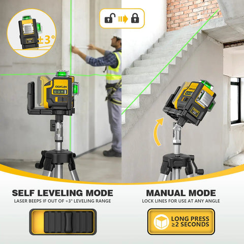 Workhorse Self Leveling Laser Level With Tripod, 3x360 Degree Laser Beams, 3D Leveler Tool For Construction And Picture Hanging, Magnetic Bracket, Hard Carry Case, Battery Not Included, Perfect For DIY Projects And Pro Jobs. Laser level on tripod in self-leveling and manual modes