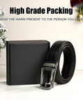 Premium Leather Ratchet Dress Belt For Men With Automatic Buckle, Easy Tug And Click Adjustable Fit Up To 50 Inches shown boxed