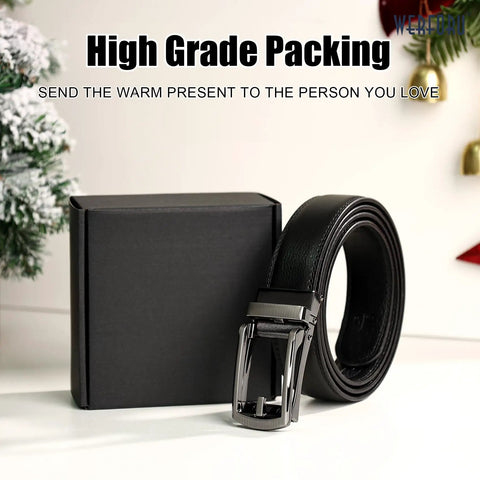 Premium Leather Ratchet Dress Belt For Men With Automatic Buckle, Easy Tug And Click Adjustable Fit Up To 50 Inches shown boxed