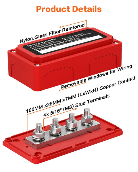 Built Tough 300A Waterproof Power Distribution Block With Four 5/16 M8 Terminal Studs Kickin High Current Bus Bar for wiring connections.