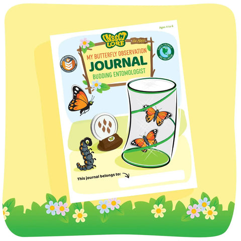 Raise And Release Butterfly Garden Kit For Kids And Classrooms With Caterpillar Habitat Voucher For Five Caterpillars Reusable Feeder STEM Journal Pipette Holding Log And Step By Step Instructions Kid-Friendly Hands-On STEM Learning journal cover with butterflies and caterpillar illustrations.