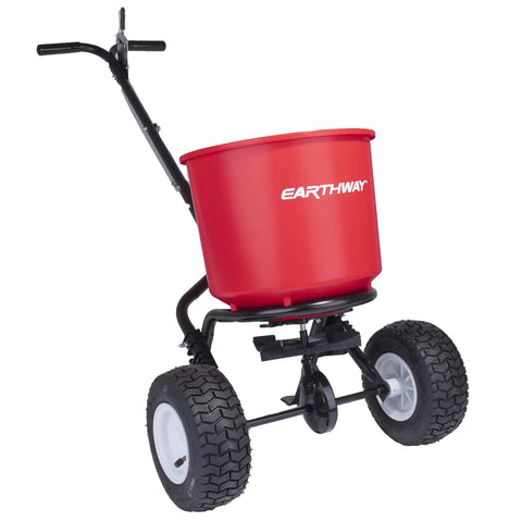 2600A-PLUS Fertilizer Spreader with 40Lb Hopper, beefy all-terrain pneumatic tires, red rust-proof polypropylene hopper on epoxy-coated frame