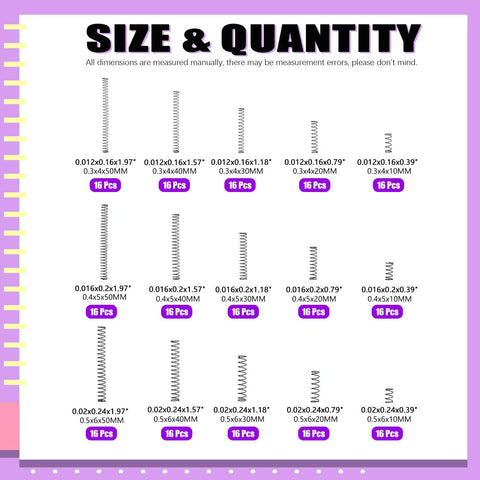 240 Piece Stainless Steel Compression Springs Kit In 15 Sizes For Home And Workshop Repairs, Size and Quantity Chart