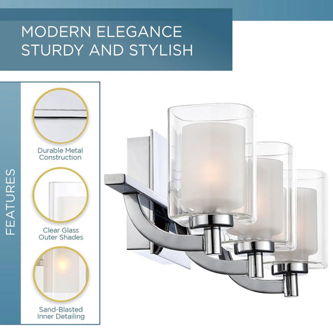 Kolt Modern Vanity Bath Lighting 3 Light LED Fixture In Polished Chrome 13.5 Watts Energy Efficient Vanity Light, glass shades