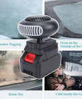 Portable Battery Car Heater Packed With A Massive 12000mAh Cell And Lightning Fast Heat on a snowy day with fogged windows.