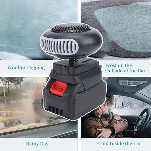 Portable Battery Car Heater Packed With A Massive 12000mAh Cell And Lightning Fast Heat on a snowy day with fogged windows.