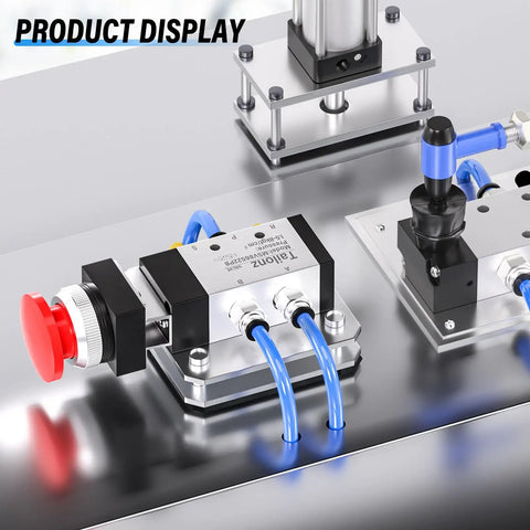 Red Mushroom Push Button Pneumatic Valve, 5 Way 2 Position With Automatic Reset, 1/4 NPT Inlet And Outlet, 1/8 NPT Exhaust on display