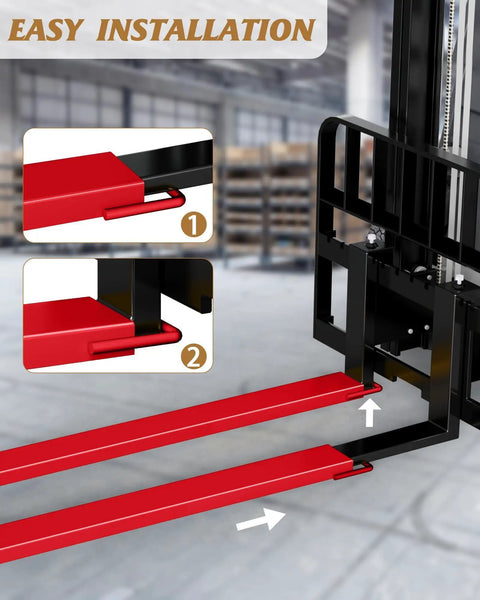 Kick Up Your Loading Game With Rock Solid Steel Forklift Fork Extensions 72 Inch Long installation guide showing easy red attachment.