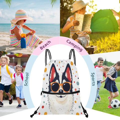 Cool Dog With Sunglasses Drawstring Bag For Men And Women, Lightweight Gym Sackpack With Zipper Pocket, shown in various activities
