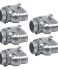 Heavy Duty Metal Conduit Connectors 5 Pack Double Outlet Wire Harness Clamps 3/8 Inch Cables Code Compliant Grounding Continuity Pro Move Shop Staple Job Site Ready Gear in metallic finish.