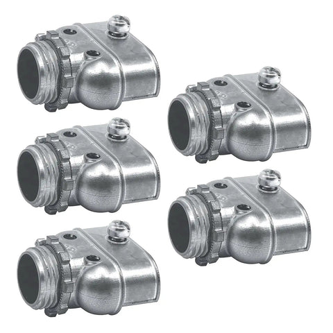 Heavy Duty Metal Conduit Connectors 5 Pack Double Outlet Wire Harness Clamps 3/8 Inch Cables Code Compliant Grounding Continuity Pro Move Shop Staple Job Site Ready Gear in metallic finish.