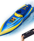 Mini RC Boat 2.4GHz Remote Control Toy For Pool And Bath, 360 Spin And Steady Grip, Waterproof Rechargeable Battery, Kid Approved Totally Fun For Ages 6 And Up, Blue on water with remote control
