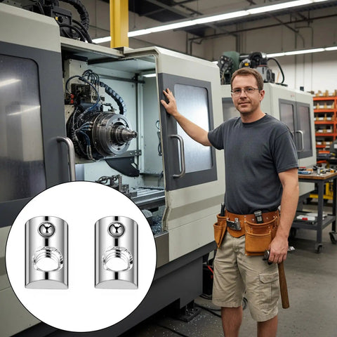 Man standing near CNC machine with inset image of Twenty Pack 1/4-20 T Slot Nuts With Ball Spring For 10 Series Aluminum Extrusion Rails.