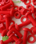 Top Tier Red Polypropylene Pan Head Cross Recess Fasteners M6 X 20mm Set Includes Matching Nuts And Washers on display.