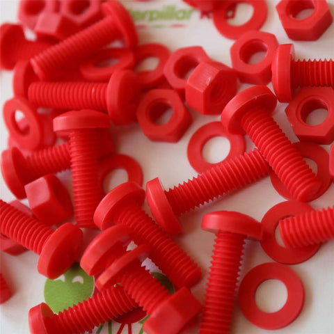 Top Tier Red Polypropylene Pan Head Cross Recess Fasteners M6 X 20mm Set Includes Matching Nuts And Washers on display.
