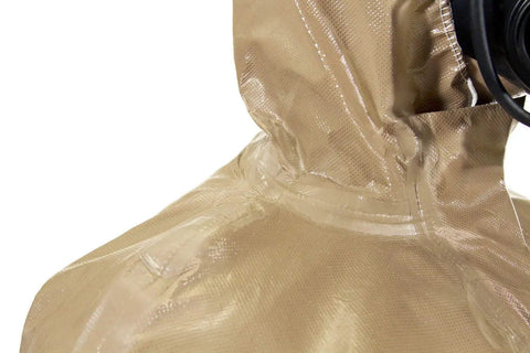 Close-up of Hazmat Grade Disposable Coverall With Hood And Elastic Cuffs Size Small Medium for emergency responders and chemical handling.