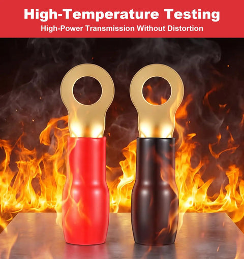 Heavy Duty 4 Gauge Copper Wire Connectors Plus Red And Black Ring Terminals For Battery Cable Adapters With Badass Conductivity And Hella Secure Wiring in high-temperature testing with flames.