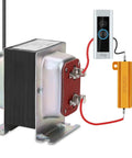 Front view of TiToeKi 50W 25Ω aluminum-cased wirewound load resistor with red leads beside a Ring doorbell