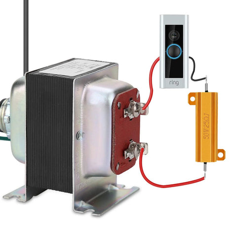 Front view of TiToeKi 50W 25Ω aluminum-cased wirewound load resistor with red leads beside a Ring doorbell