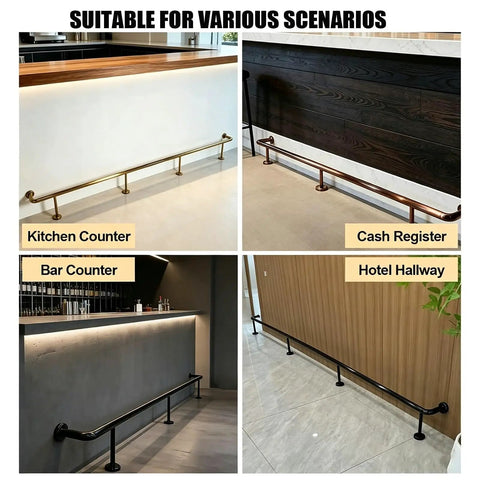 Heavy Duty Stainless Steel Bar Foot Rails And Kick Rack Brackets For Island Kitchens, beefy rustproof footrest holders in various settings.