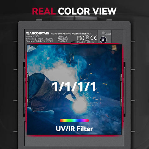 Real color view display of auto darkening welding helmet with 180-degree panoramic view, showing UV/IR filter and sensor details.