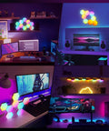 Hexagon RGB LED Light Panels 8 Pack With Music Sync, App Control, And Remote on gaming setups, glowing in colors