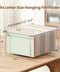 Top Shelf Letter Size Hanging File Folder Frame slick desk organizer shown with adjustable dimensions and colorful hanging file folders.