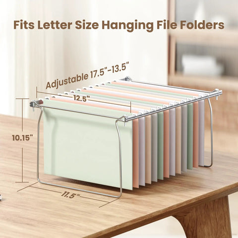 Top Shelf Letter Size Hanging File Folder Frame slick desk organizer shown with adjustable dimensions and colorful hanging file folders.