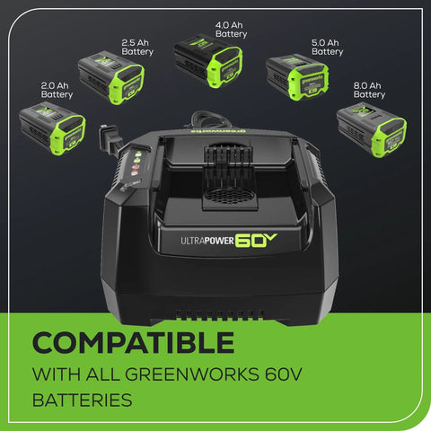 60V Ultra Power 6A Rapid Charger for All 60V Batteries with LED Status Indicator and Built In Air Vent for Faster Cooler Charging Pro Grade Safety and Quick Charge Plug And Play for Your Cordless Lawn Tools