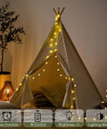 Globe String Lights 60 LED Battery Operated With Remote 26ft Waterproof Indoor Outdoor Fairy Lights draped on indoor tent.