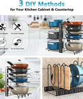 Heavy Duty Adjustable Pots And Pans Organizer Under Cabinet With Anti Slip Rubber Dividers Tight Fit Home Kitchen Storage Rack, displaying cookware stacked neatly.