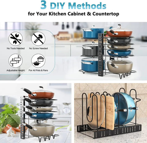 Heavy Duty Adjustable Pots And Pans Organizer Under Cabinet With Anti Slip Rubber Dividers Tight Fit Home Kitchen Storage Rack, displaying cookware stacked neatly.