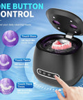 Rechargeable 45kHz Ultrasonic Retainer Cleaner for Dentures Aligners Night Guards Braces and Jewelry Portable 200ML Capacity with 3 Cleaning Modes for On The Go Black showing open unit with dentures inside