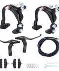 Aluminum Alloy Caliper Brake Set With Front And Rear Cables And Pads For Rim Brakes On Mountain Hybrid BMX And Cruiser Bikes Front And Rear Dual Central Spindle Design For More Sensitive Direct Braking Performance.