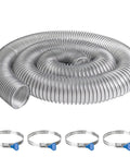 Heavy Duty Workshop Workhorse 2.5 Inch By 10 Feet Dust Collection Hose coiled with four metal band clamps for woodworking.