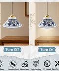 SIMEESO Ceramic Pendant Light, Chinese Blue and White Porcelain Pendant Lamp, turned off and on showing design detail.