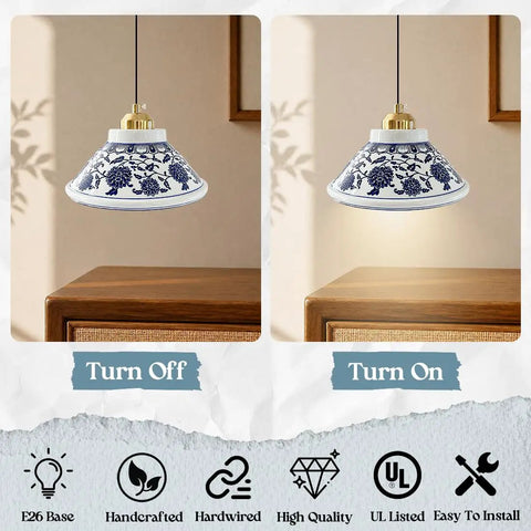 SIMEESO Ceramic Pendant Light, Chinese Blue and White Porcelain Pendant Lamp, turned off and on showing design detail.
