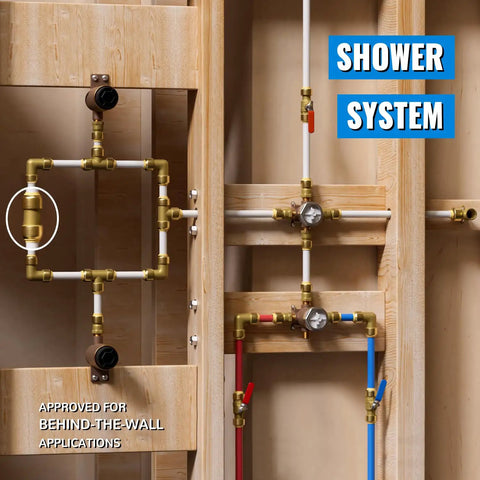 Shower system with One Half Inch Push To Connect Pex Fittings No Lead Brass for PEX, copper, CPVC, installation view