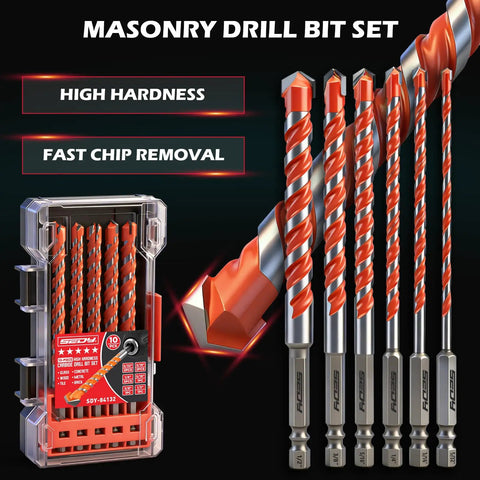 Go-To 10-Piece Masonry Drill Bit Set with 6-Inch Carbide Tipped Bits and Hex Shank for Brick Cement Tile Wood and Light Metal