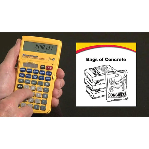 Person using Material Estimator Calculator For DIYers And Pros That Converts Feet Inches Fractions Yards And Meters And Delivers Instant Building Material Cost Estimates For Contractors Tradesmen Handymen And Construction Professionals next to bags of concrete illustration