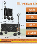 Diagram showing folded and open dimensions of Collapsible Wagon Cart With Wheels, 360 lb capacity, all-terrain wheels visible.