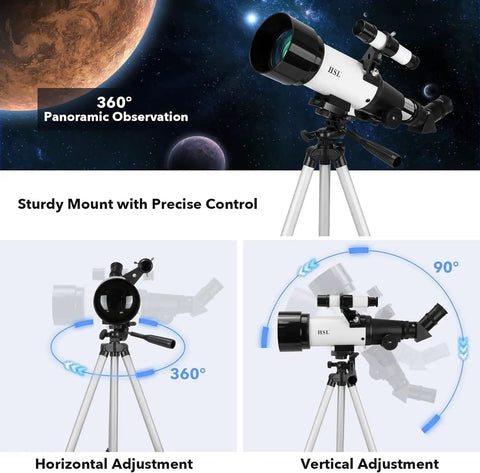 Awesome High Powered 70mm Refractor Telescope With 400mm Focal Length, white, showing 360° panoramic observation and adjustments.