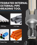 Heavy Duty PVC Pipe Threader Kit For 1/2 Inch And 3/4 Inch Plastic Pipes showing the tool and various pipe types.