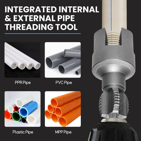 Heavy Duty PVC Pipe Threader Kit For 1/2 Inch And 3/4 Inch Plastic Pipes showing the tool and various pipe types.