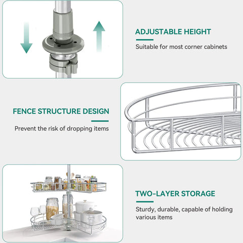 Detailed features of Heavy Duty Steel Corner Organizer With Killer Swivel Action Lazy Susan Turntable and Chrome Pie Cut Design, highlighting adjustable height and fence design.